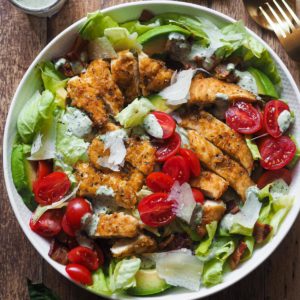 Crispy Chicken and Bacon Salad with Basil Tahini Dressing, an incredible salad that also makes a delicious meal. This salad combo is hard to beat and will make 