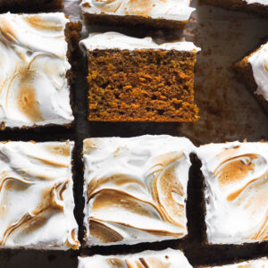 This Pumpkin Sheet Cake with Toasted Meringue is the perfect autumn treat. It's moist, warm with the cinnamon scent and the toasted meringue topping makes it a real showstopper. If you prefer, you can leave the topping out and make only the sponge, this would make a great breakfast with a cup of coffee or a mid-afternoon snack. It's really delicious either way and I promise it's easy! | Paula's Apron Recipe